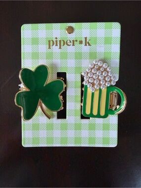 Piper K Shamrock and Festive Mug Hair Clips Green w Gold Holiday St. Patricks